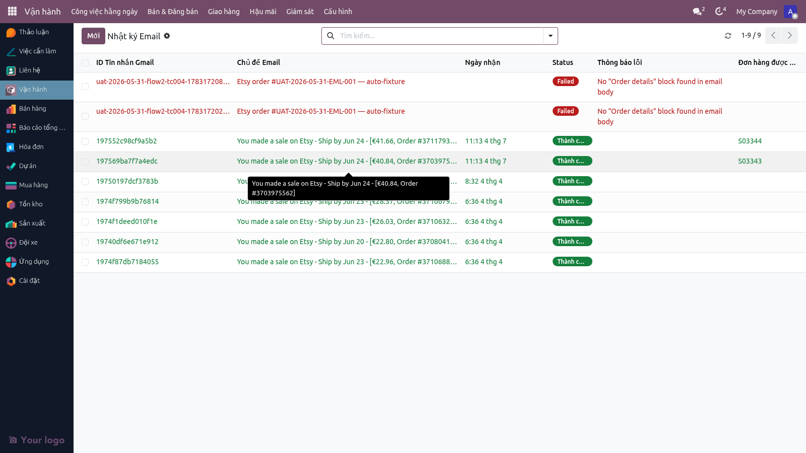 Email Log List — Lịch sử email đơn Etsy